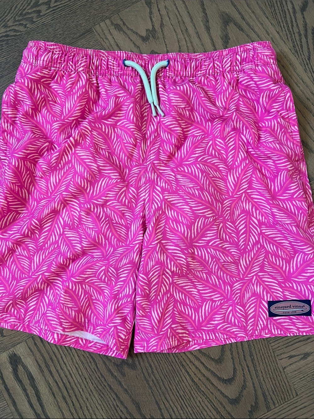 Vineyard Vines Hot Pink Leaf Print Boys Swim Trunks